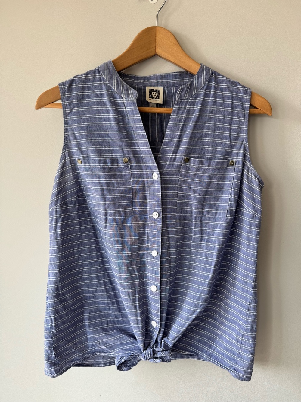 (S) Anne Klein Sleeveless Blue Striped Tie-Front Top